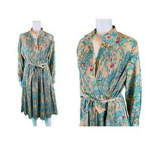 Vintage 1970s Floral Dress Women's Large Blue Accordion Pleats Marie for Francis